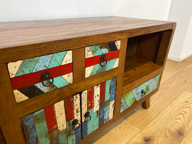 Boatwood by WMK I Formschönes nachhaltiges TV Lowboard mit Schubladen I handgefertigtes Unikat aus altem Bootsholz I Teakholz massiv I Sideboard Kommode Bank Rack Fernsehkommode Berlin Rostock Bayern