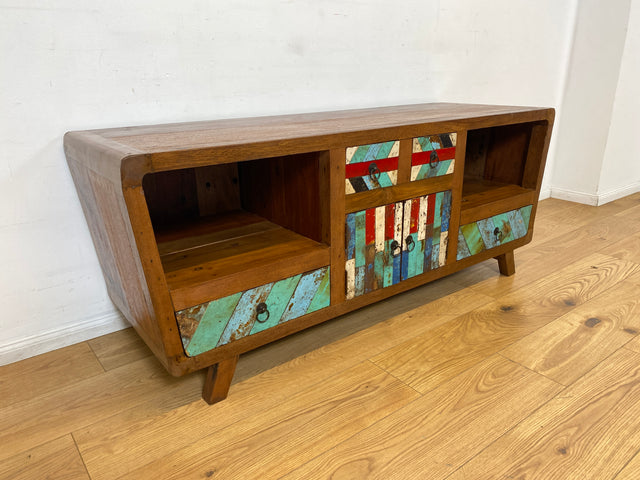 Boatwood by WMK I Formschönes nachhaltiges TV Lowboard mit Schubladen I handgefertigtes Unikat aus altem Bootsholz I Teakholz massiv I Sideboard Kommode Bank Rack Fernsehkommode Berlin Rostock Bayern