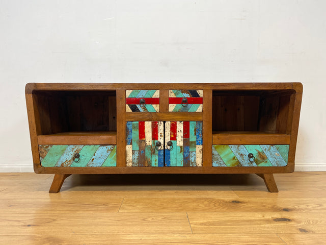 Boatwood by WMK I Formschönes nachhaltiges TV Lowboard mit Schubladen I handgefertigtes Unikat aus altem Bootsholz I Teakholz massiv I Sideboard Kommode Bank Rack Fernsehkommode Berlin Rostock Bayern