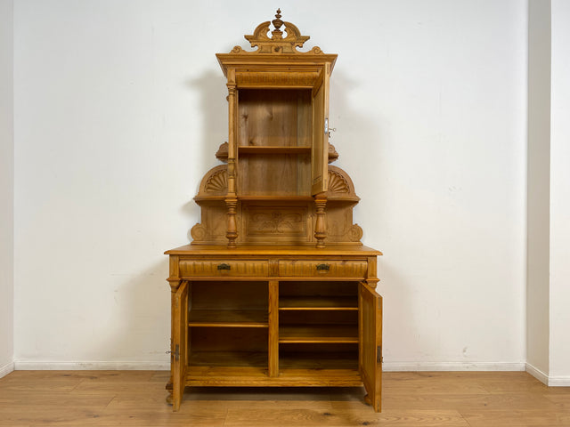 WMK # Elegante und gut erhaltene nordische antike Aufsatzanrichte aus vollem Holz mit handgeschnitzter Ornamentik # Anrichte Aufsatzbuffet Bauernschrank Buffet Büfett Barock Weichholz Vintage Berlin