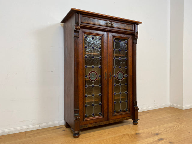 WMK # Sehr seltenes nordisches antikes Vertiko mit kunstvollen Bleiglas Fenstern, Vollholz, um 1890 # Schrank  Bücherschrank Büchervitrine Vitrine Wäscheschrank Kommode Gründerzeit Jugendstil Vintage