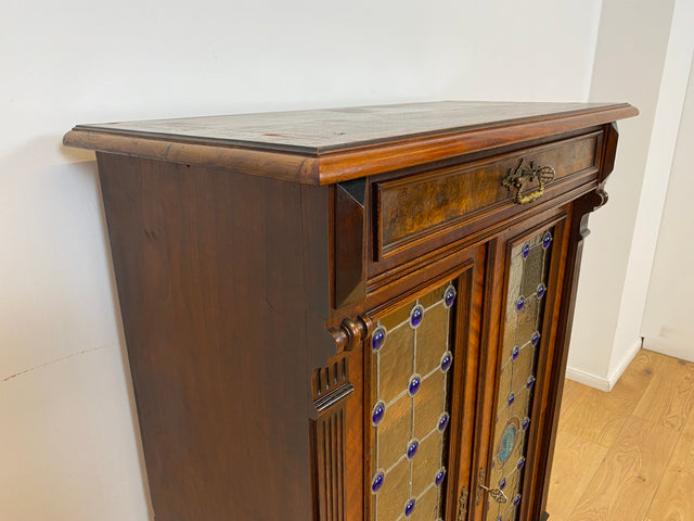 WMK # Sehr seltenes nordisches antikes Vertiko mit kunstvollen Bleiglas Fenstern, Vollholz, um 1890 # Schrank  Bücherschrank Büchervitrine Vitrine Wäscheschrank Kommode Gründerzeit Jugendstil Vintage
