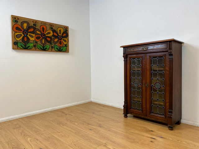 WMK # Sehr seltenes nordisches antikes Vertiko mit kunstvollen Bleiglas Fenstern, Vollholz, um 1890 # Schrank  Bücherschrank Büchervitrine Vitrine Wäscheschrank Kommode Gründerzeit Jugendstil Vintage