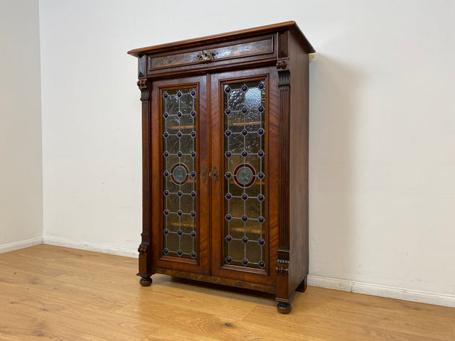 WMK # Sehr seltenes nordisches antikes Vertiko mit kunstvollen Bleiglas Fenstern, Vollholz, um 1890 # Schrank  Bücherschrank Büchervitrine Vitrine Wäscheschrank Kommode Gründerzeit Jugendstil Vintage