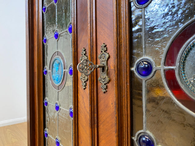 WMK # Sehr seltenes nordisches antikes Vertiko mit kunstvollen Bleiglas Fenstern, Vollholz, um 1890 # Schrank  Bücherschrank Büchervitrine Vitrine Wäscheschrank Kommode Gründerzeit Jugendstil Vintage