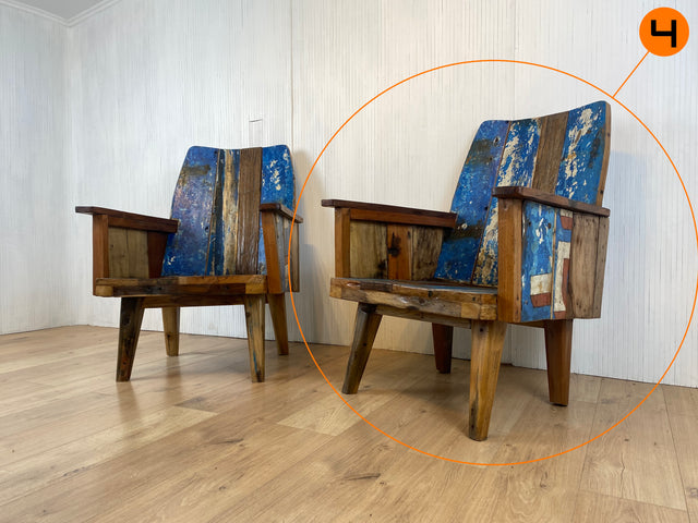 Boatwood by WMK # 1/4 Beautiful armchair in beautiful blue made of old boat wood, a handmade unique piece made of solid teak # Armchair Reading chair Club chair Wooden chair Garden furniture Balcony furniture