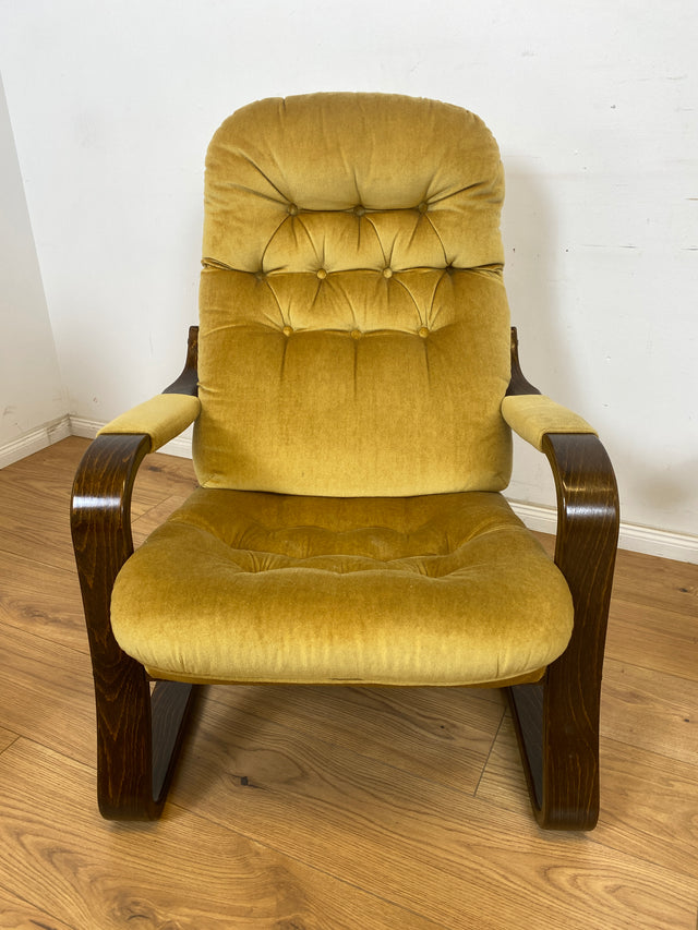 WMK 1/4 Formschöner, äußerst bequemer & sehr gut erhaltener skandinavischer Freisschwinger mit gestepptem Samtbezug # Sessel Lesesessel Relaxsessel Easy Chair Fernsehsessel Samt Vintage 70er Retro