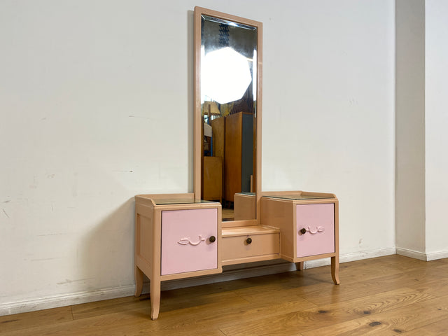 WMK I Sehr hübsche, rosa lackierte, Art Deco Frisierkommode aus vollem Holz mit großem Spiegel und Schublade I Spiegel Kommode Schmink Tisch Kommode Wäsche Ganzkörper Antik Vintage Berlin Leipzig NRW