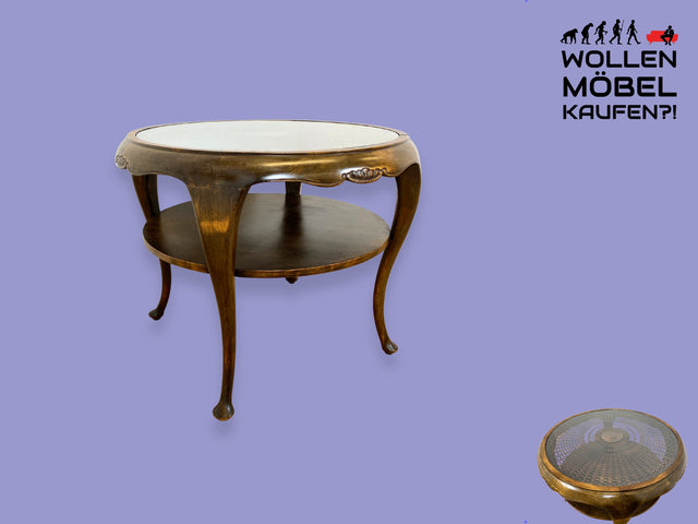 WMK I Wunderschöner runder 50er Jahre Chippendale Couchtisch mit Glasplatte und feinem Wiener Sonnengeflecht I Wohnzimmertisch Coffee Table Geflecht Mid-Century Vintage Barock Berlin Dresden Nürnberg