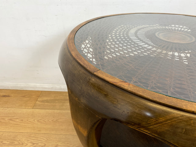 WMK I Wunderschöner runder 50er Jahre Chippendale Couchtisch mit Glasplatte und feinem Wiener Sonnengeflecht I Wohnzimmertisch Coffee Table Geflecht Mid-Century Vintage Barock Berlin Dresden Nürnberg