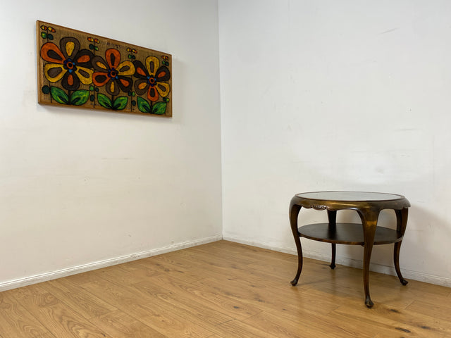 WMK I Wunderschöner runder 50er Jahre Chippendale Couchtisch mit Glasplatte und feinem Wiener Sonnengeflecht I Wohnzimmertisch Coffee Table Geflecht Mid-Century Vintage Barock Berlin Dresden Nürnberg