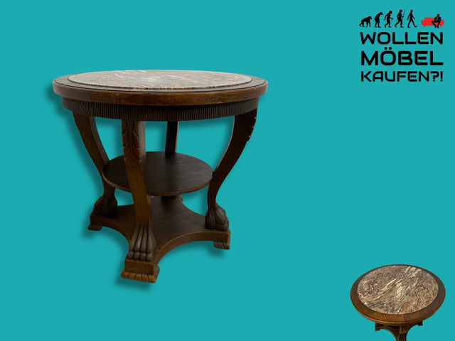 WMK I Imposanter runder antiker Beistelltisch aus handverziert Eiche, mit Marmorplatte I Tisch Salontisch Säulentisch Marmortisch Blumentisch Couchtisch Gründerzeit Vintage I Berlin München Hannover