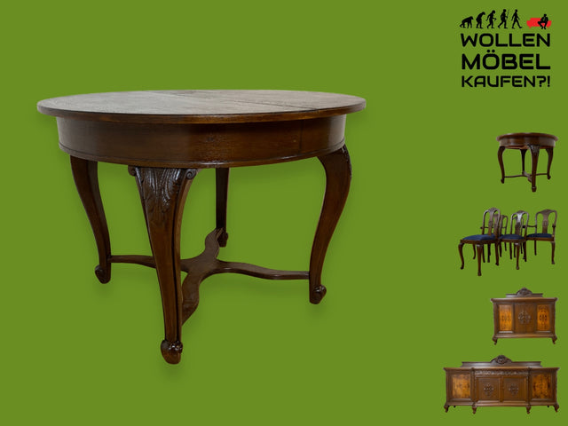 WMK I Imposanter runder antiker Tisch aus Eichenholz, handverziert und ausziehbar, jedoch ohne Einlegeplatten I Esstisch Esszimmertisch Küchentisch Dining Table Gründerzeit Vintage I Berlin Halle Ulm