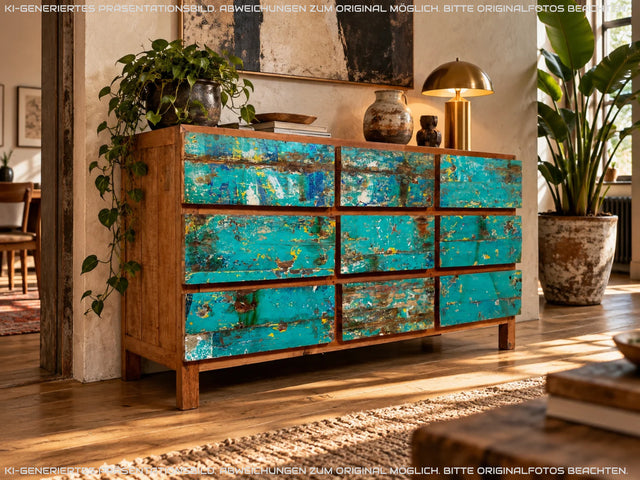 Wunderschönes und nachhaltiges Sideboard handgefertigt aus altem Bootsholz in Originalfarben I Teakholz massiv I Kommode Schubladenkommode Wäschekommode Anrichte I