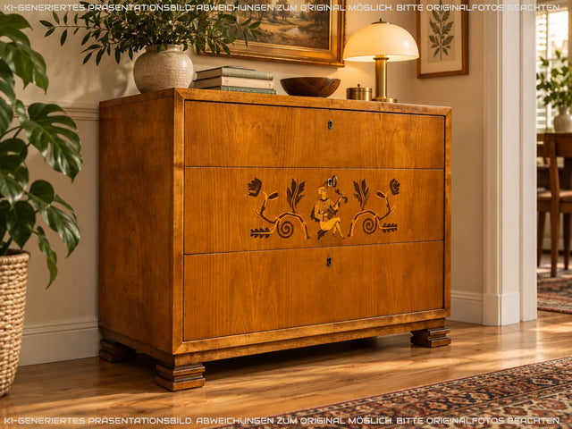 Besonders schöne helle skandinavische Art Deco Kommode aus vollem Holz mit Schubladen und Intarsien I Schubladenkommode Wäschekommode Sideboard Schrank Antik Vintage I