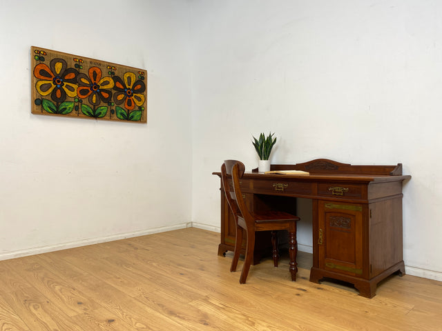 WMK Hochwertiger und gut erhaltener Vintage Schreibtisch aus vollem Holz im englischen Stil mit mit wunderschönen Messingbeschlägen # Desk Arbeitstisch Cheftisch Bürotisch Sekretär Regency Kolonial