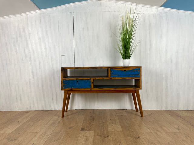 Boatwood by WMK # Besondere Konsole aus altem Bootsholz mit Schubladen, ein handgefertigtes Unikat aus massivem Teakholz # Kommode Sideboard Schrank Garderobe Ablage Flurkommode Industrial Upcycling