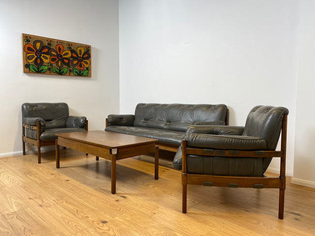 WMK I Hochwertiges 70er Jahre Sofa im Stile von Jean Gillon & Arne Norell mit Echt Leder Bezug & Holzrahmen aus Eiche I Couch Sitzgarnitur 3er 3-Sitzer Danish Design Skandinavisch Mid-Century Vintage