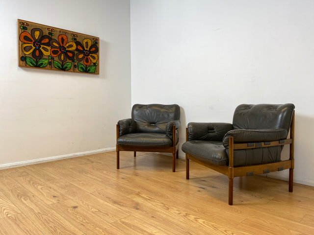 WMK I 1/2 Hochwertiger 70er Jahre Lounge Sessel im Stile von Jean Gillon & Arne Norell mit Echt Leder Bezug & Eichenholz Rahmen I Armchair Sitzgarnitur Danish Design Skandinavisch Mid-Century Vintage