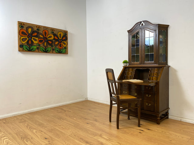 WMK Sehr gut erhaltener dänischer Vintage Schreibschrank aus vollem Holz mit schönem Bleiglas Aufsatz & edlen Messingbeschlägen # Sekretär Schreibtisch Büchervitrine Bücherschrank Bücherregal Vitrine