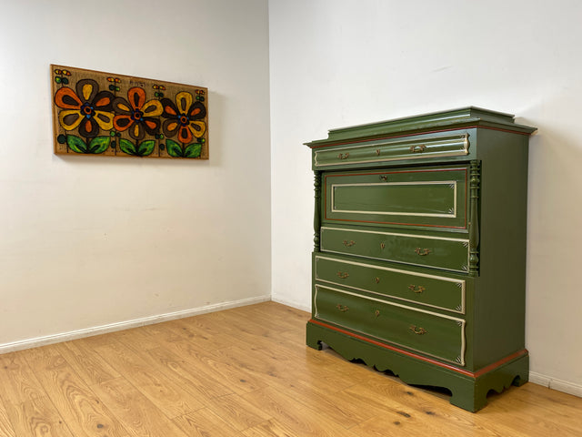 WMK I Imposanter grüner antiker Schreibschrank aus vollem Holz mit stabiler Schreibklappe und Schubladen I Sekretär Schrank Highboard Desk Kommode Wäsche Bauern Gründerzeit Vintage Berlin Dresden Ulm