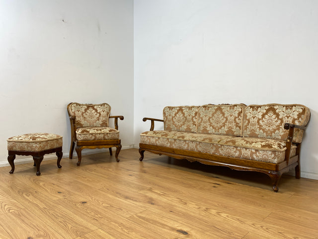 WMK Wunderschönes und gut erhaltenes 60er Jahre Chippendale Sofa mit feinem Brokat Bezug und Wiener Geflecht an der Rückseite # Couch 3-Sitzer 3er Liege Chaiselongue Sitzgarnitur Mid-Century Vintage