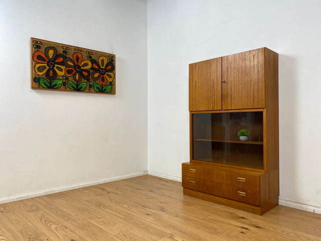 WMK Hochwertiger und sehr gut erhaltener Retro Highboard , Vollholz in Teak , aus 1973 von Brumax mit Schubladen & Vitrine # Schrank Bücherschrank Wohnzimmerschrank Kommode Vintage Teakholz 60er 70er