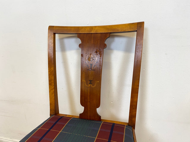 WMK I Eleganter und sehr gut erhaltener schwedischer 50er Jahre Esszimmerstuhl mit feinen Intarsien und stimmigen Sitzbezug # Stuhl Holzstuhl Küchenstuhl Dining Chair Vintage Berlin Augsburg Magdeburg