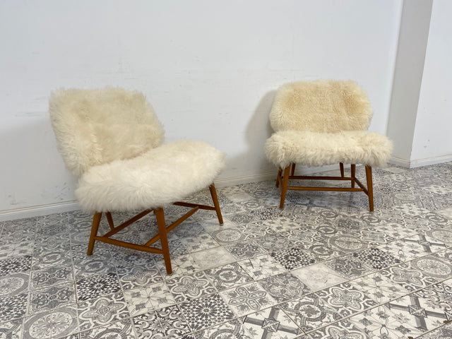 WMK # 1/4 Außergewönlicher & sehr seltener skandinavischer 50er Jahre Designer Sessel von Alf Svensson mit neuem Fellbezug # Cocktailsessel Easychair Relaxsessel Stuhl Armchair Mid-Century Vintage