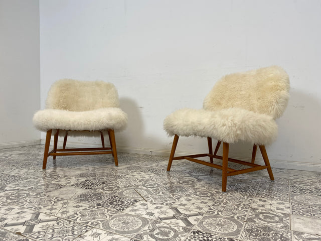 WMK # 1/4 Außergewönlicher & sehr seltener skandinavischer 50er Jahre Designer Sessel von Alf Svensson mit neuem Fellbezug # Cocktailsessel Easychair Relaxsessel Stuhl Armchair Mid-Century Vintage