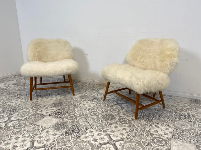 WMK # 1/4 Außergewönlicher & sehr seltener skandinavischer 50er Jahre Designer Sessel von Alf Svensson mit neuem Fellbezug # Cocktailsessel Easychair Relaxsessel Stuhl Armchair Mid-Century Vintage