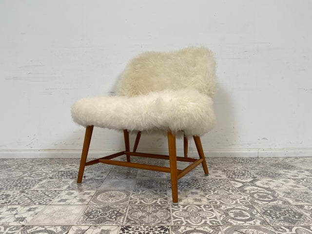 WMK # 1/4 Außergewönlicher & sehr seltener skandinavischer 50er Jahre Designer Sessel von Alf Svensson mit neuem Fellbezug # Cocktailsessel Easychair Relaxsessel Stuhl Armchair Mid-Century Vintage
