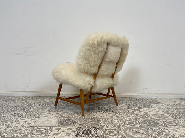 WMK # 1/4 Außergewönlicher & sehr seltener skandinavischer 50er Jahre Designer Sessel von Alf Svensson mit neuem Fellbezug # Cocktailsessel Easychair Relaxsessel Stuhl Armchair Mid-Century Vintage