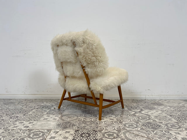 WMK # 1/4 Außergewönlicher & sehr seltener skandinavischer 50er Jahre Designer Sessel von Alf Svensson mit neuem Fellbezug # Cocktailsessel Easychair Relaxsessel Stuhl Armchair Mid-Century Vintage