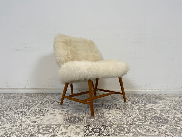 WMK # 1/4 Außergewönlicher & sehr seltener skandinavischer 50er Jahre Designer Sessel von Alf Svensson mit neuem Fellbezug # Cocktailsessel Easychair Relaxsessel Stuhl Armchair Mid-Century Vintage