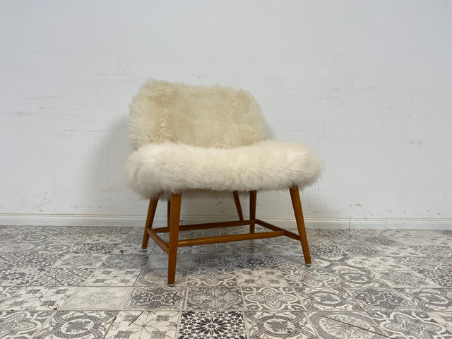 WMK # 1/4 Außergewönlicher & sehr seltener skandinavischer 50er Jahre Designer Sessel von Alf Svensson mit neuem Fellbezug # Cocktailsessel Easychair Relaxsessel Stuhl Armchair Mid-Century Vintage