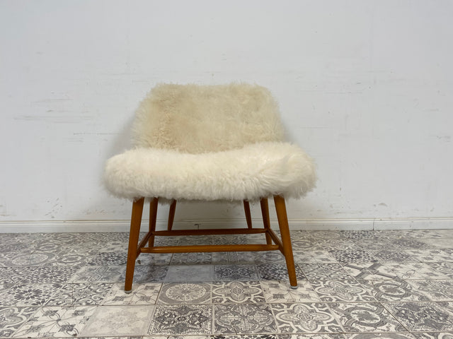 WMK # 1/4 Außergewönlicher & sehr seltener skandinavischer 50er Jahre Designer Sessel von Alf Svensson mit neuem Fellbezug # Cocktailsessel Easychair Relaxsessel Stuhl Armchair Mid-Century Vintage