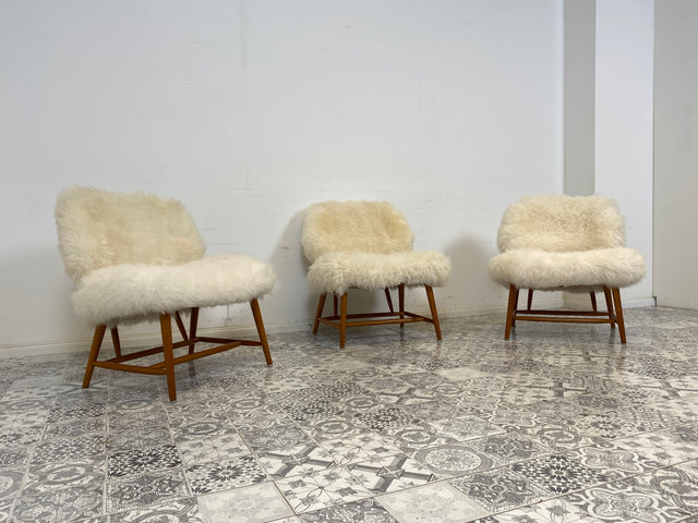 WMK # 1/4 Außergewönlicher & sehr seltener skandinavischer 50er Jahre Designer Sessel von Alf Svensson mit neuem Fellbezug # Cocktailsessel Easychair Relaxsessel Stuhl Armchair Mid-Century Vintage