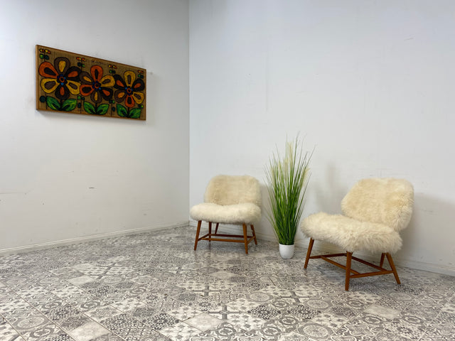 WMK # 1/4 Außergewönlicher & sehr seltener skandinavischer 50er Jahre Designer Sessel von Alf Svensson mit neuem Fellbezug # Cocktailsessel Easychair Relaxsessel Stuhl Armchair Mid-Century Vintage
