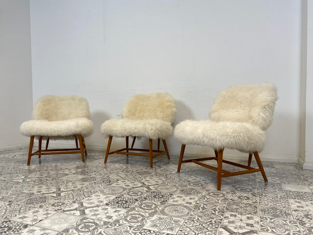 WMK # 1/4 Außergewönlicher & sehr seltener skandinavischer 50er Jahre Designer Sessel von Alf Svensson mit neuem Fellbezug # Cocktailsessel Easychair Relaxsessel Stuhl Armchair Mid-Century Vintage