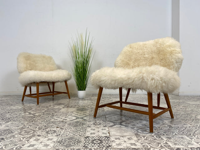 WMK # 1/4 Außergewönlicher & sehr seltener skandinavischer 50er Jahre Designer Sessel von Alf Svensson mit neuem Fellbezug # Cocktailsessel Easychair Relaxsessel Stuhl Armchair Mid-Century Vintage