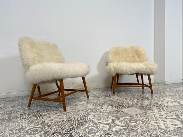 WMK # 1/4 Außergewönlicher & sehr seltener skandinavischer 50er Jahre Designer Sessel von Alf Svensson mit neuem Fellbezug # Cocktailsessel Easychair Relaxsessel Stuhl Armchair Mid-Century Vintage