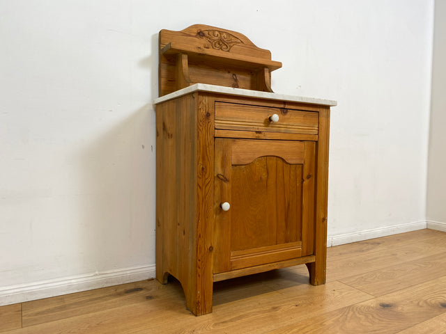 WMK # Sehr schöne und gut erhaltene skandinavische antike Kommode aus vollem Holz mit Aufsatz & Marmor Auflage # Schrank Waschtisch Weichholzkommode Marmorkommode Flurkommode Jugendstil Vintage Berlin