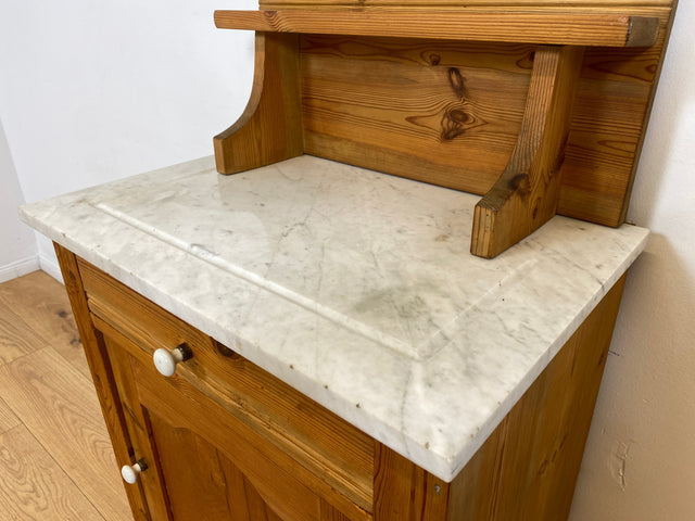 WMK # Sehr schöne und gut erhaltene skandinavische antike Kommode aus vollem Holz mit Aufsatz & Marmor Auflage # Schrank Waschtisch Weichholzkommode Marmorkommode Flurkommode Jugendstil Vintage Berlin
