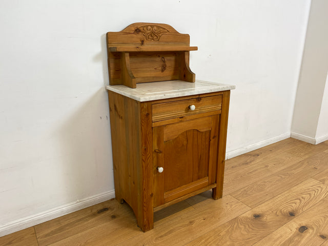 WMK # Sehr schöne und gut erhaltene skandinavische antike Kommode aus vollem Holz mit Aufsatz & Marmor Auflage # Schrank Waschtisch Weichholzkommode Marmorkommode Flurkommode Jugendstil Vintage Berlin