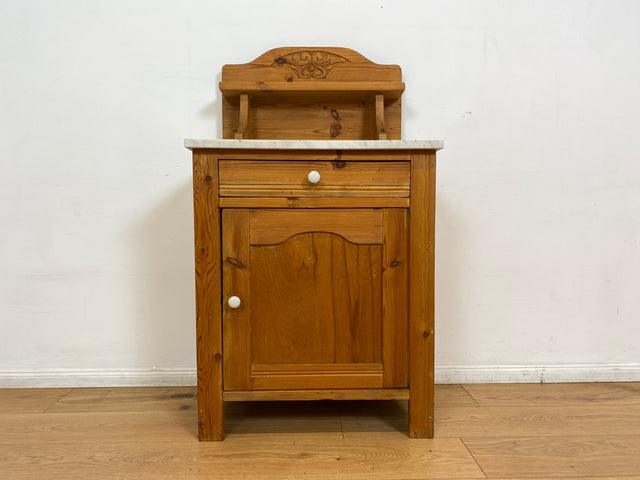 WMK # Sehr schöne und gut erhaltene skandinavische antike Kommode aus vollem Holz mit Aufsatz & Marmor Auflage # Schrank Waschtisch Weichholzkommode Marmorkommode Flurkommode Jugendstil Vintage Berlin