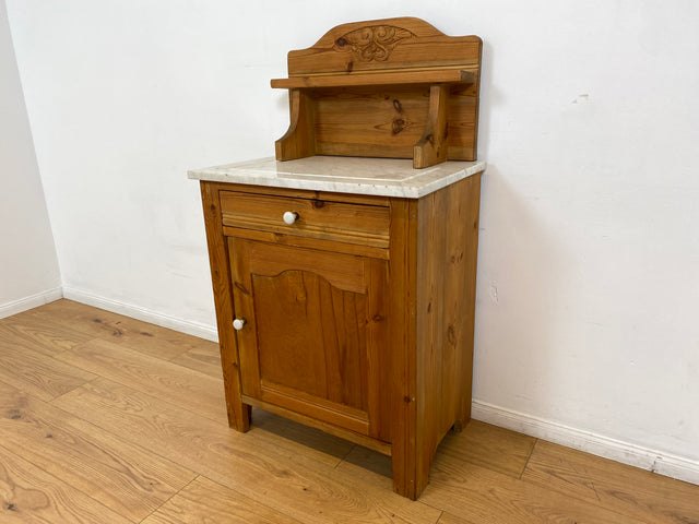 WMK # Sehr schöne und gut erhaltene skandinavische antike Kommode aus vollem Holz mit Aufsatz & Marmor Auflage # Schrank Waschtisch Weichholzkommode Marmorkommode Flurkommode Jugendstil Vintage Berlin