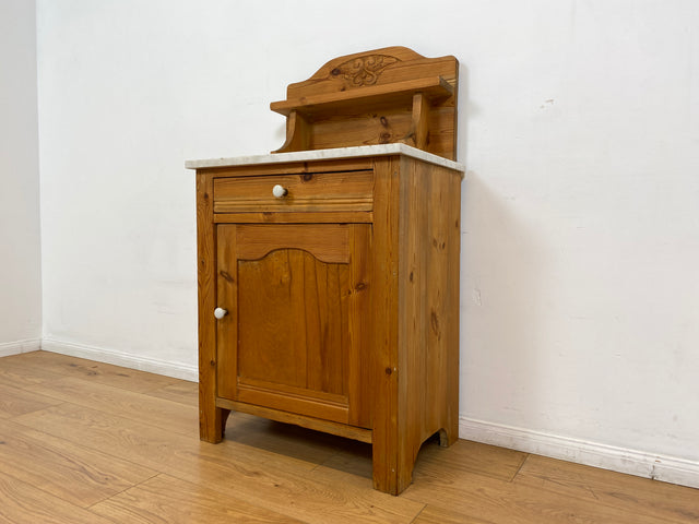 WMK # Sehr schöne und gut erhaltene skandinavische antike Kommode aus vollem Holz mit Aufsatz & Marmor Auflage # Schrank Waschtisch Weichholzkommode Marmorkommode Flurkommode Jugendstil Vintage Berlin
