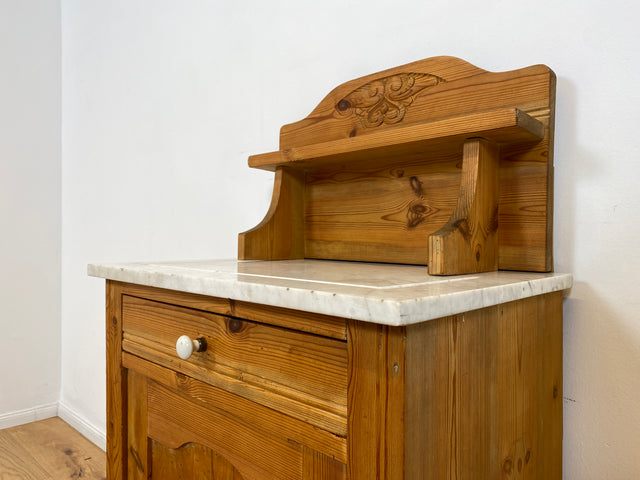 WMK # Sehr schöne und gut erhaltene skandinavische antike Kommode aus vollem Holz mit Aufsatz & Marmor Auflage # Schrank Waschtisch Weichholzkommode Marmorkommode Flurkommode Jugendstil Vintage Berlin
