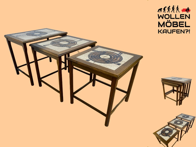 WMK I Stilvoller skandinavischer 3-in-1 Satztisch aus Eichenholz mit kunstvollen Fliesen I Couchtisch Wohnzimmertisch Fliesentisch Beistelltisch Danish Design Mid-Century Vintage Berlin Zossen München